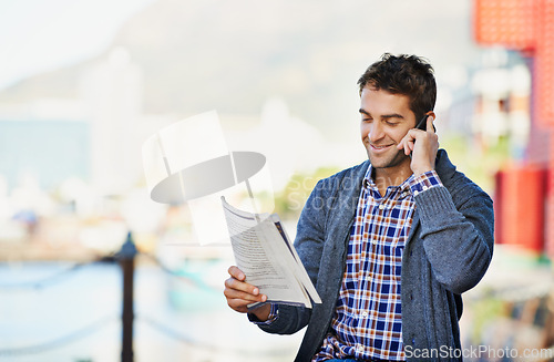 Image of Cellphone, newspaper and man in outdoor for hiring, interview or phone call. Newsletter, happy and male person with smartphone for recruitment, conversation and discussion for employment opportunity