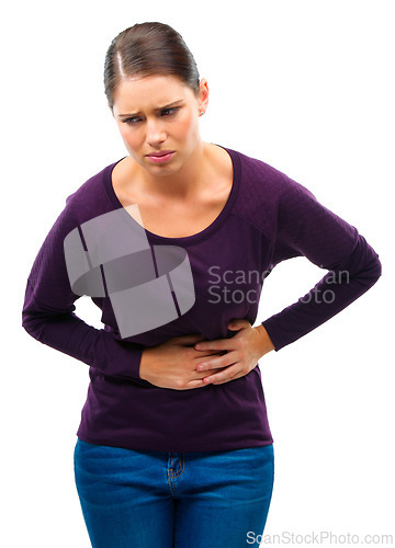 Image of Stress, anxiety and woman with stomach pain in studio for gas, constipation or pms crisis on white background. Menstruation, cramps or female model with gut health problem, virus or endometriosis