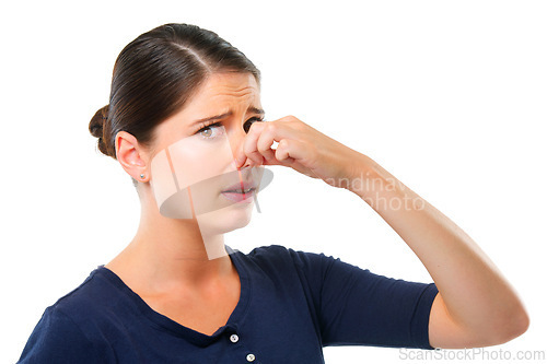 Image of Gross. Smell, yuck and portrait for woman with disgust facial expression for gross, fart and odor on white background. Young person and isolated with finger on nose for stink, wtf or scent on mockup.