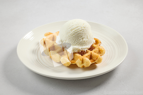 Image of plate of belgian waffle with vanilla ice cream