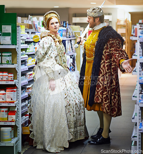 Image of Supermarket, argument and king with queen, angry and conversation with expression and reaction. Royal couple, man and woman with inflation and frustrated with fighting and drug store with pharmacy