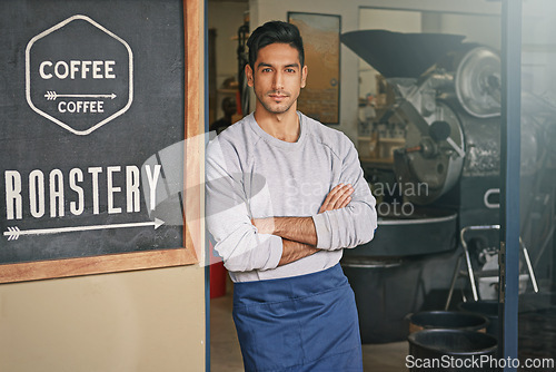 Image of Barista, coffee shop and man with arms crossed in portrait for small business, owner with confidence and service. Entrepreneur, cafe and drinks with hospitality, professional and server in industry