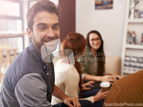 Image of Startup, business people and portrait of man in meeting, discussion and conversation for ideas. Teamwork, creative agency and men and women in cafe for brainstorming, planning and collaboration