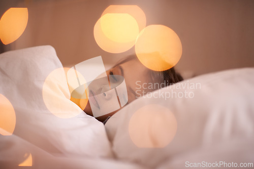 Image of Peace, sleeping and girl child relax in a bed with comfort, dreaming or resting at home. Sleep, dream or calm female kid person in a bedroom for vacation, holiday and quiet night snooze in a house