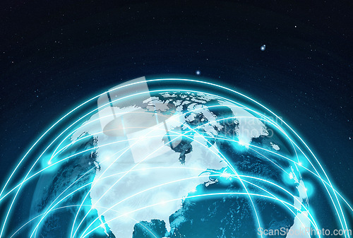 Image of Flow, network and connection for map, global and futuristic technology in space with dark background. Software, neon and programming for information highway, cyber communication and graphic for web