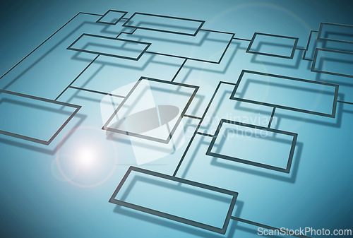 Image of Connectivity, flowchart and diagram on internet, data or futuristic technology on blue background. Software, neon and coding for programming, cyber or information highway for virtual streaming on web