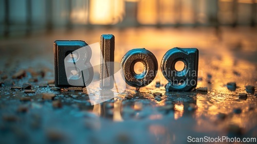 Image of Black Glossy Surface Blog concept creative art poster.