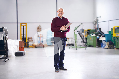 Image of Checklist, mature or portrait of man in factory with stock in workshop, supply chain or production. Smile, clipboard note or happy manager in warehouse for industrial process, inspection or resources