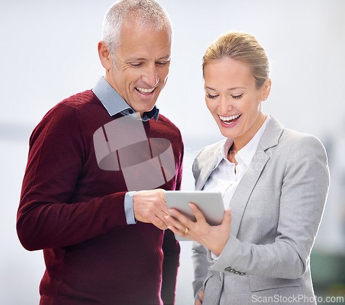 Image of Laugh, tablet and business people at a warehouse for social media, review or funny feedback. Supply chain, search and factory team with gif, meme or joke for brainstorming digital inventory checklist