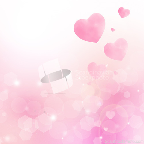 Image of Illustration, hearts and creative shape for care or devotion, care and pink background. Collection, romance and bokeh for valentines day celebration, icon and abstract for support or peace emotion