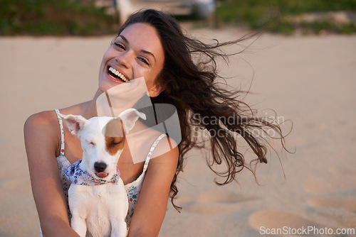 Image of Woman, portrait and dog on beach for happy holiday at sunset for vacation getaway, weekend or bonding. Female person, Jack Russell and face in summer for morning rest in Florida, calm or relaxing