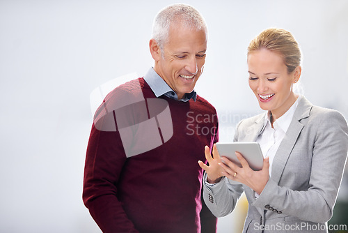 Image of Tablet, warehouse and business people laughing at social media, review or funny feedback. Supply chain, search or factory team with gif, meme or joke while brainstorming digital procurement checklist