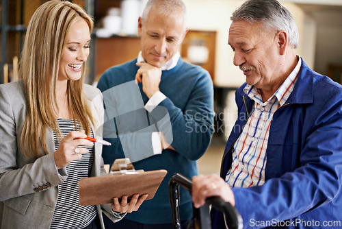 Image of Happy, team or clipboard in stock control, distribution or warehouse as logistic, work or compliance. Woman, staff or smile at checklist, product or inventory management in planning factory audit