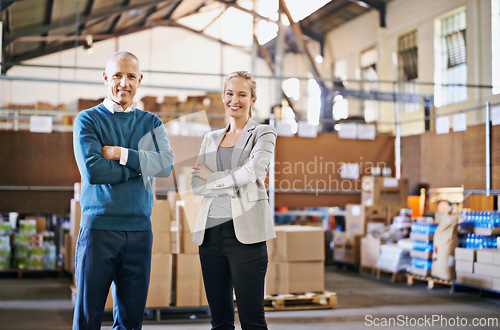 Image of Boxes, portrait and business people in factory together with package, logistics or distribution. Export, commerce and service delivery team at cargo storage warehouse with confidence, pride and smile