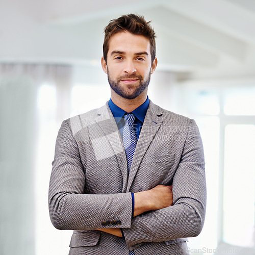 Image of Portrait, smile and happy businessman in office, formal and corporate business owner. Face, confidence and management in suit for professional male person, startup entrepreneur and finance career