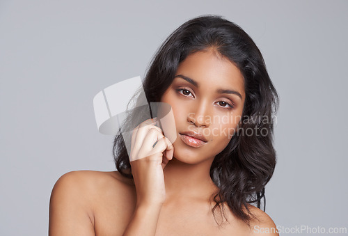 Image of Natural, beauty and portrait of woman in studio with health, wellness and skincare facial routine. Model, cosmetics and face of female person with dermatology treatment isolated by gray background.