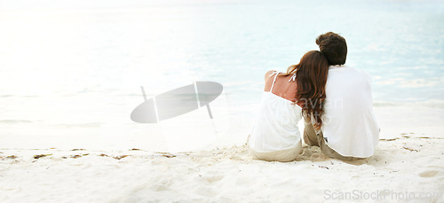 Image of Young couple, back and love at beach outdoors for mockup, relationship and marriage. Calm, man and woman with space for support, care and flare on holiday or vacation together in nature for travel