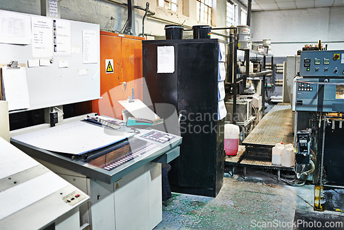 Image of Plant, production and printing with cmyk for paper in industry with supplier. Warehouse, office and press with color in factory with manufacturing, career and publication with automated system