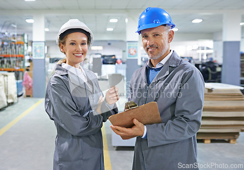 Image of Portrait, inspector or paper in safety, helmet or logistics as product, stock or inventory checklist. Mature man, confident woman or smile in quality control, document or inspection of ppe system