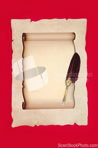 Image of Parchment Paper Scroll with Retro Brass Feather Quill Pen