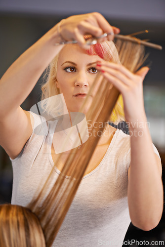 Image of Hairdresser, hands and woman with scissors for haircut, styling and beauty treatment with hair care maintenance. Grooming, cosmetic and stylist at professional salon with client, pamper and makeover