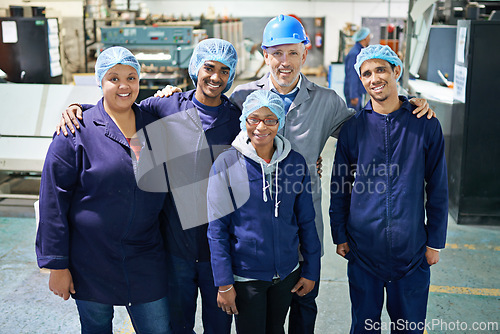 Image of Portrait, people or safety in manufacturing, industry or proud of team, building or collaboration. Manager, worker or teamwork in ppe, workwear or helmet as trade, trust or industrial overall on site