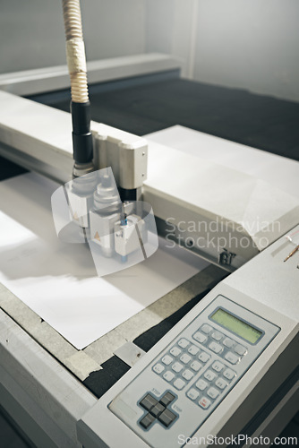 Image of Printer, machine and paper laser at warehouse with manufacturing distribution, ink jet or press. Technology, automated and supplier tools for production process as equipment, business or publishing