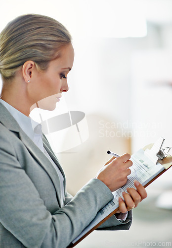 Image of Writing, clipboard or business woman at a warehouse for logistic, delivery or cargo, shipping or planning. Factory, supply chain or lady manager paper checklist for retail, stock or procurement notes