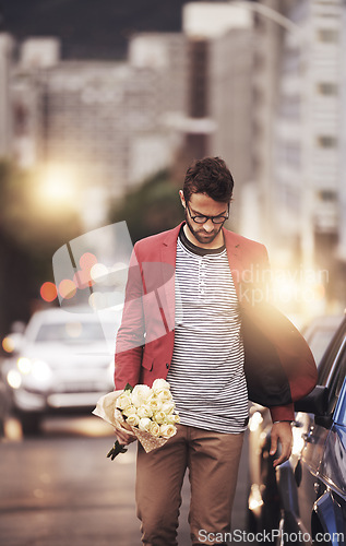 Image of City, man and bouquet of flowers with walking for romance, love or kind gesture in New York. Male person, downtown and bunch of roses with idea for gift, planning or present on valentines day