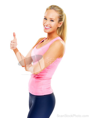 Image of Fitness, studio and portrait of woman with thumbs up for workout motivation, support or agreement. Female person, smile and hand with gesture for training, exercise or achievement on white background