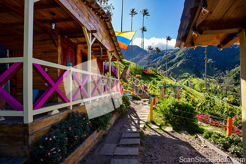 Image of Entertainment center in Valle del Cocora Valley with tall wax palm trees. Salento, Quindio department. Colombia