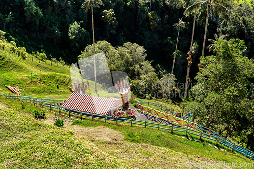 Image of Entertainment center in Valle del Cocora Valley with tall wax palm trees. Salento, Quindio department. Colombia