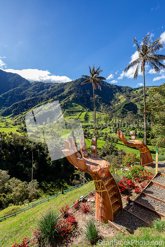 Image of Entertainment center in Valle del Cocora Valley with tall wax palm trees. Salento, Quindio department. Colombia