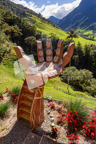 Image of Entertainment center in Valle del Cocora Valley with tall wax palm trees. Salento, Quindio department. Colombia
