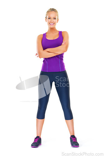 Image of Portrait, confident and woman in studio for exercise or fitness with mockup space, happiness and sportswear for workout. Female person, isolated and white background for training or cardio for health