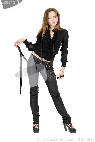 Image of Beautiful girl in black leather pants. Isolated on white