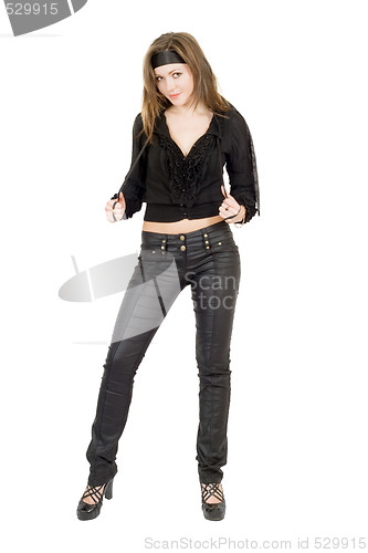 Image of Beautiful young woman in black leather pants 
