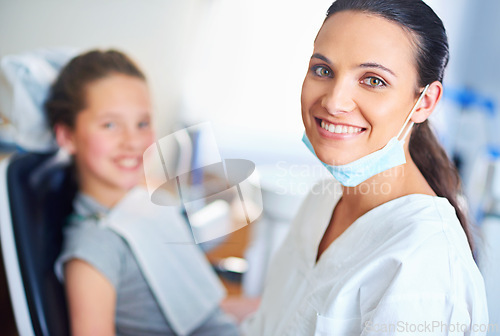 Image of Health, clinic and portrait of dentist with child for cleaning, teeth whitening and wellness. Healthcare, dentistry and woman and girl with tools for dental hygiene, oral care and medical services