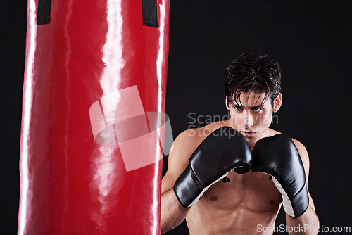 Image of Fitness, boxing or man with punching bag in studio for exercise, challenge or competition training. Power, muscle or champion boxer at workout with confidence, martial arts fight and black background