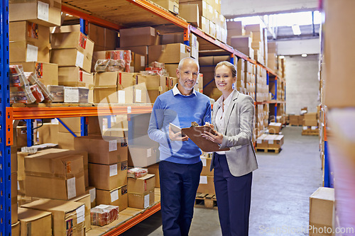 Image of Portrait, boxes and man with woman, clipboard and documents with shipping form and import. Tablet, warehouse and export with teamwork or supply chain with stock or logistics with storage or industry