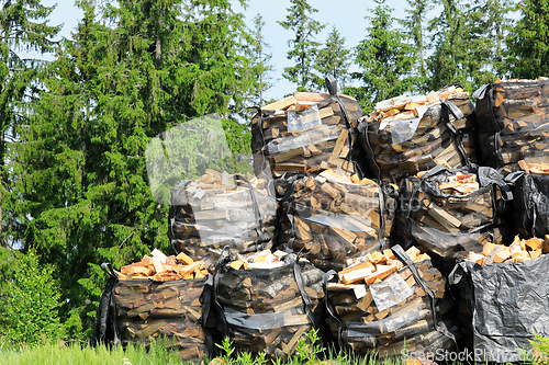 Image of Stacked Bags of Firewood at Edge of Forest