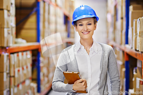 Image of Tablet, portrait or woman in warehouse for inspection, shipping delivery, product or stock in factory by shelf. Printing logistics, safety inspector or boxes for package or cargo for online order