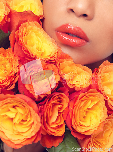 Image of Mouth, zoom and woman with flowers, plants and bouquet for fragrance, scent and makeup for sustainable cosmetics. Girl, rose and lips for beauty with eco friendly, floral and organic skin care