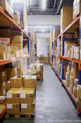 Image of Warehouse, shelf and boxes with storage, distribution and import with export for products and shipping. Empty, package or inventory with cargo and manufacturing with industry, service or supply chain