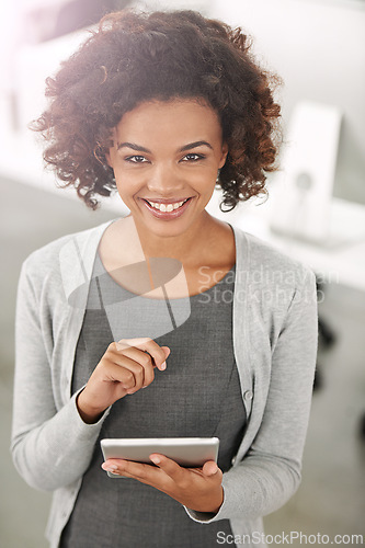 Image of Black woman, office and smile with tablet to search on internet for information and trends as public relations for company. Portrait, female person and online to browse website, networking and news