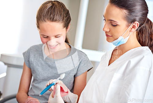 Image of Dentist, child and oral hygiene with dentures for teaching on dental care, cleaning and consultation. Advice, girl and orthodontist holding toothbrush for gum disease, treatment and healthy teeth