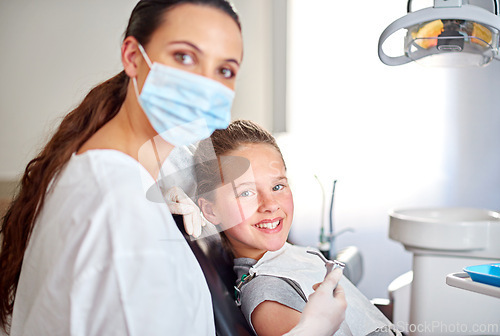 Image of Woman, portrait and dentist for oral examination or kid, consulting and tool for treatment or hygiene. Female person, confidence and orthodontist to clean teeth, specialist and patient for gum health