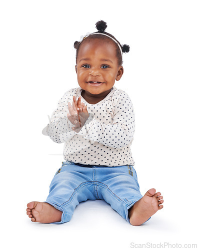 Image of African baby and fashion in studio and clapping with smile, hands or fashionable or clothing. Little child on white background in portrait, fun or style or excited, happy or friendly and applause