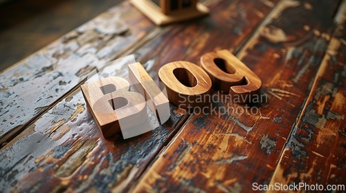 Image of Wooden Mahogany Blog concept creative art poster.