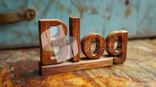 Image of Wooden Mahogany Blog concept creative art poster.